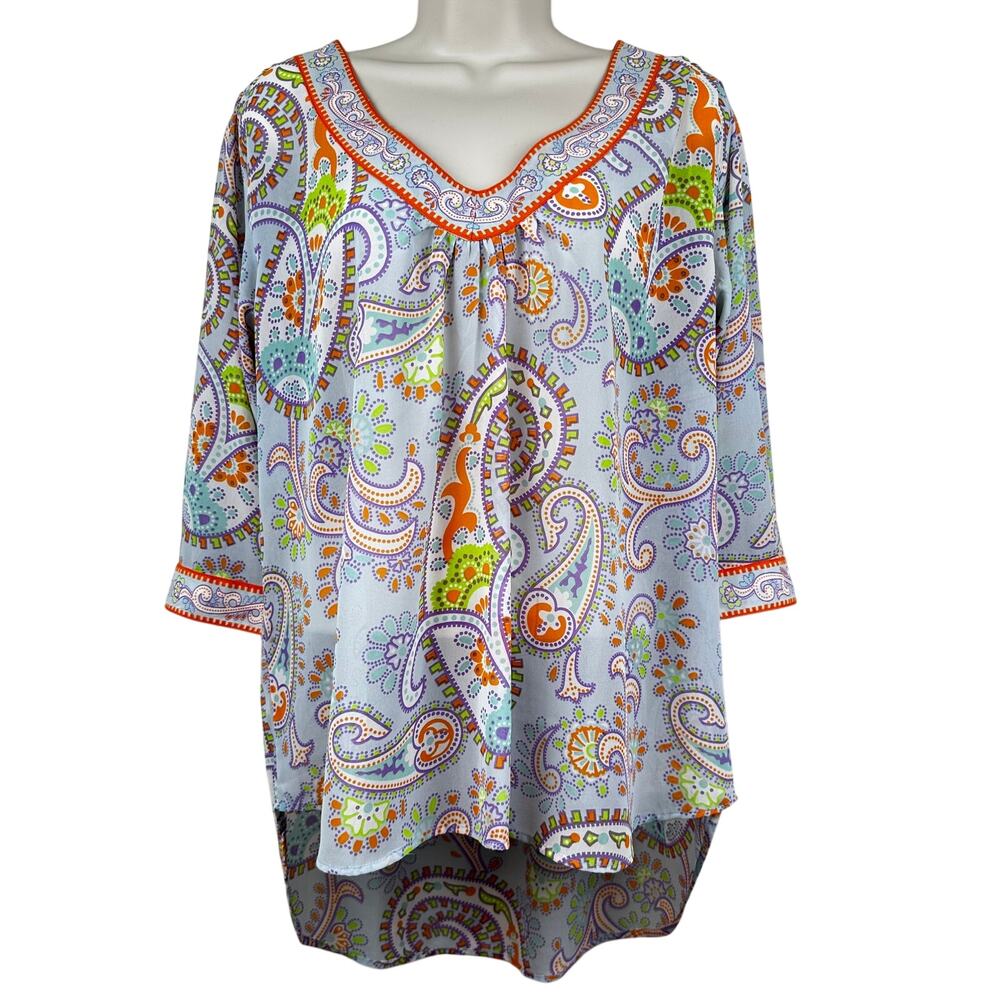 Gretchen Scott Blouse Top Paisley Lavender V-Neck 3/4 Sleeve Large Chiffon Boho